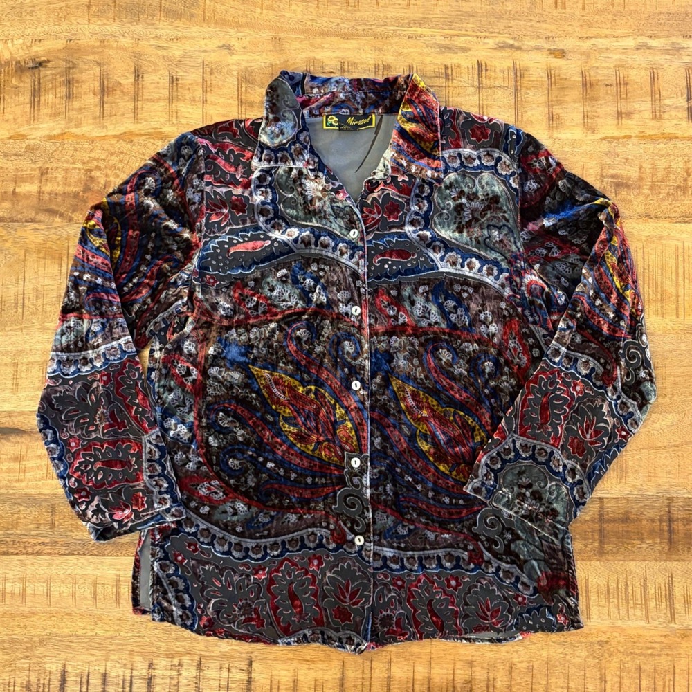 Vintage Silk Blend Velvet Burnout Button Up Shirt M Y2K Paisley Whimsigoth Sheer - Picture 9 of 11